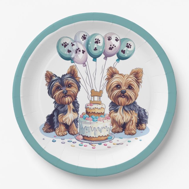 Plato De Papel Feliz cumpleaños Yorkie Dog (Anverso)
