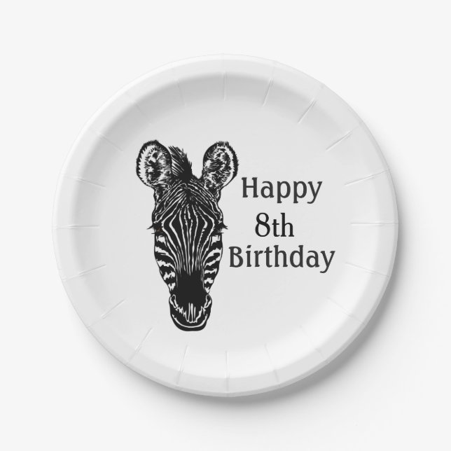 Plato De Papel Feliz cumpleaños Zebra w Age (Anverso)