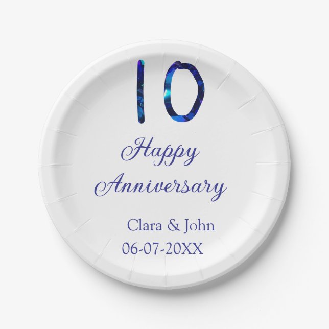 Plato De Papel Feliz décimo aniversario purpurina azul añadir fec (Anverso)