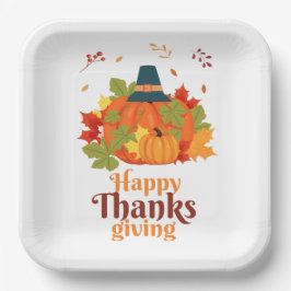 Plato De Papel Feliz Día de Acción de Gracias con Gorras y hojas