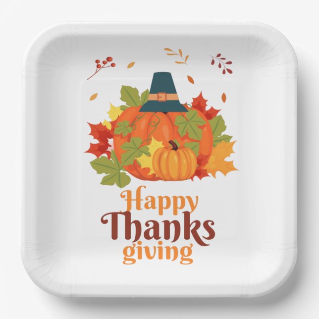 Plato De Papel Feliz Día de Acción de Gracias con Gorras y hojas  (Anverso)