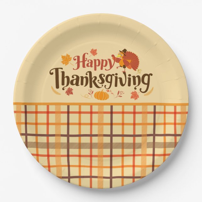 Plato De Papel Feliz Día de Acción de Gracias Otoño (Anverso)