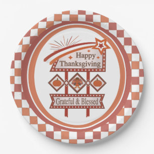 Plato De Papel Feliz Día de Acción de Gracias, Rótulo Retro Bendi