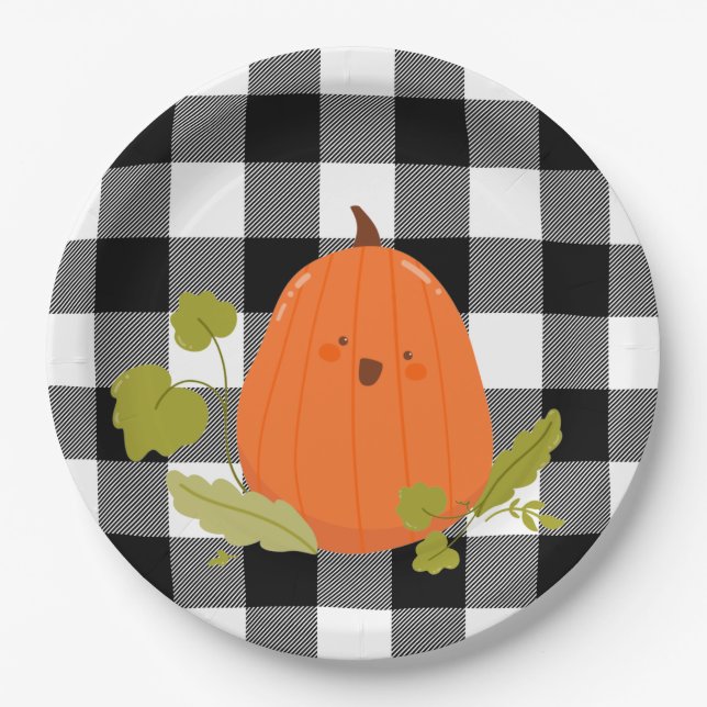Plato De Papel ¡Feliz Día De Gracias, Calabaza En Plaid! (Anverso)