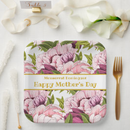 Plato De Papel Feliz Día de la Madre Nombre de Oro Pink Peony Flo