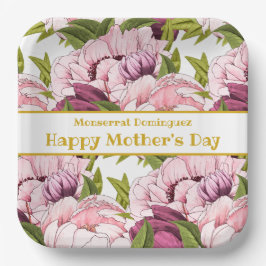 Plato De Papel Feliz Día de la Madre Nombre de Oro Pink Peony Flo