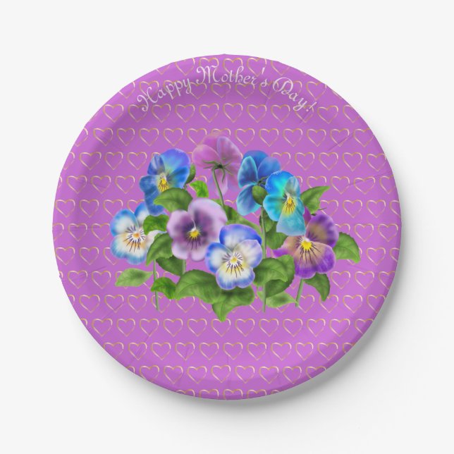Plato De Papel Feliz Día de la Madre Pansy Violet Flores acuática (Anverso)