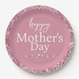 Plato De Papel Feliz Día de la Madre Rosa Desvaído Brillante