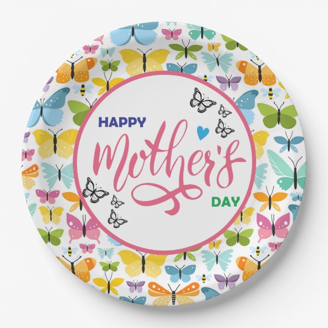 Plato De Papel Feliz Día de las Madres Mariposas  (Anverso)