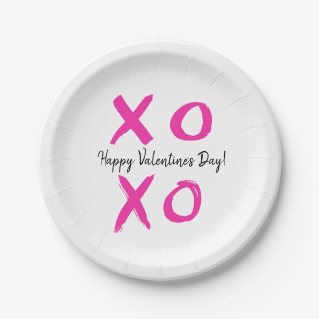 Plato De Papel Feliz Día de San Valentín con XOXO blanco rosado (Anverso)