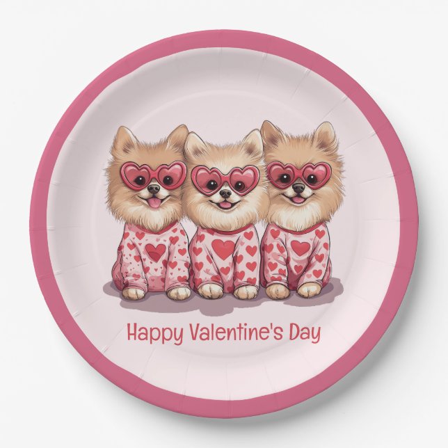 Plato De Papel Feliz Día de San Valentín Perros Pomeranos (Anverso)