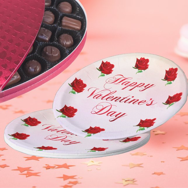 Plato De Papel Feliz Día de San Valentín suave pastel Fiesta de r (Happy Valentine's Day Soft Pastel Red Roses Party Paper Plates)