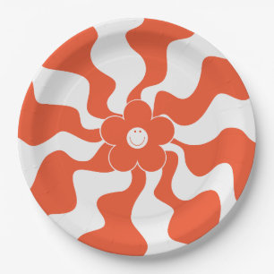 Plato De Papel Feliz diatriba retro en Naranja y blanco