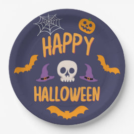 Plato De Papel Feliz diseño de naranja de murciélago de calabaza 