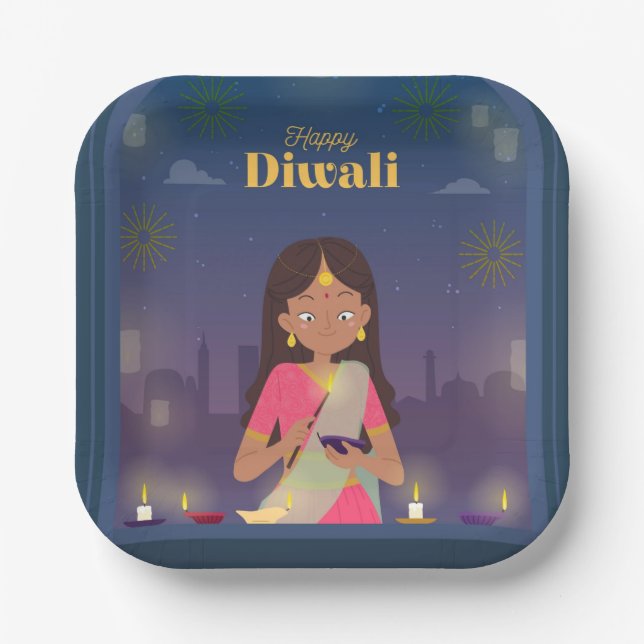 Plato De Papel Feliz Diwali (Anverso)