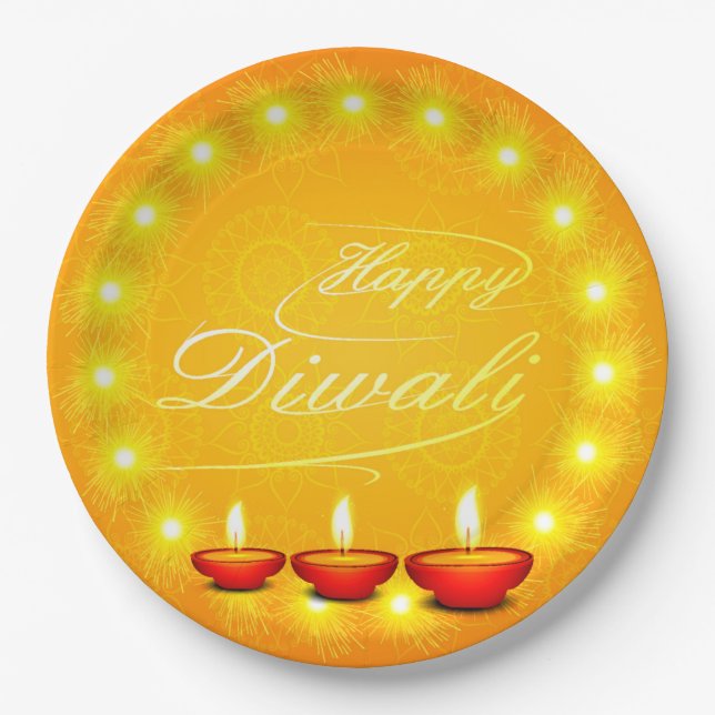 Plato De Papel Feliz Diwali Amarillo 9" (Anverso)