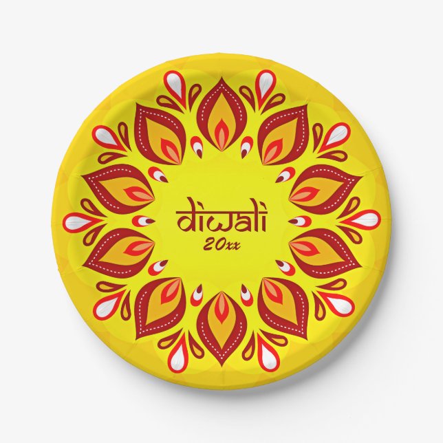 Plato De Papel Feliz Diwali Año Amarillo Rojo 7" (Anverso)
