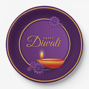 Plato De Papel Feliz Diwali Diya Candle Purple Gold
