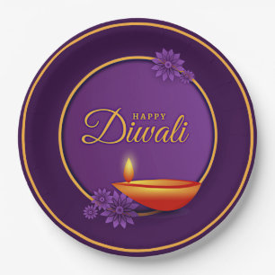 Plato De Papel Feliz Diwali Diya Candle Purple Gold 9"