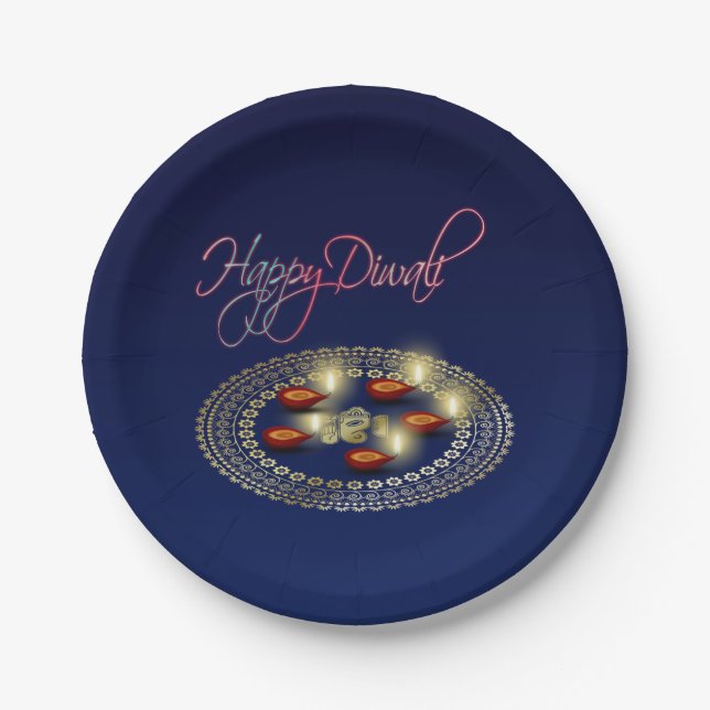 Plato De Papel Feliz Diwali Ganesha Rangoli - Placa de papel (Anverso)