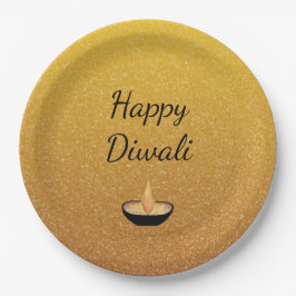 Plato De Papel Feliz Diwali Gold Purpurina Diya Lamp