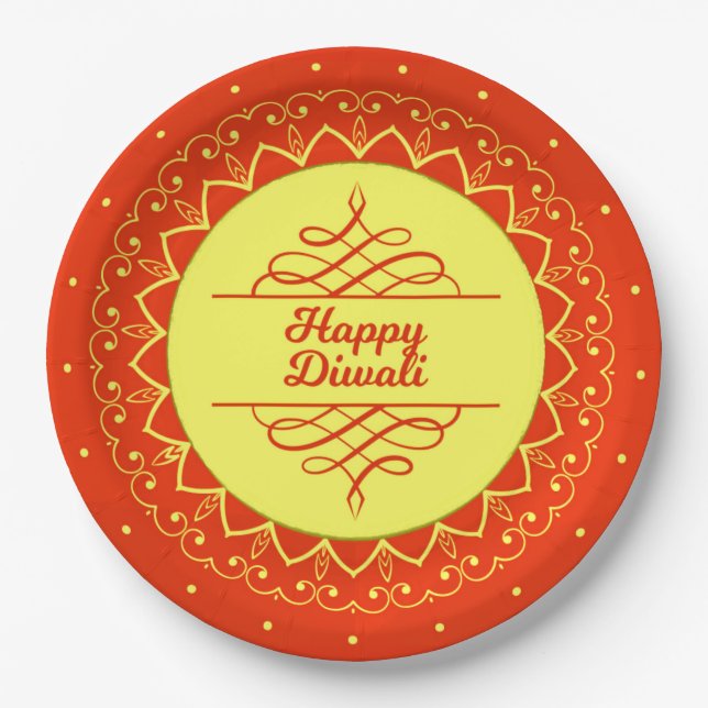 Plato De Papel Feliz Diwali Naranja Cream Mandala 9 moderno" (Anverso)