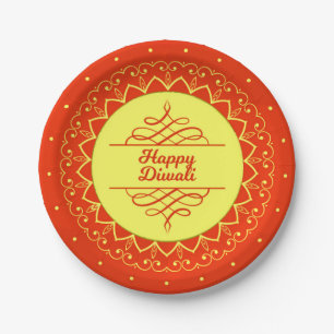 Plato De Papel Feliz Diwali Naranja Cream Mandala Moderno 7"
