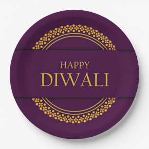 Plato De Papel Feliz Diwali Purple Gold Elegant 9"