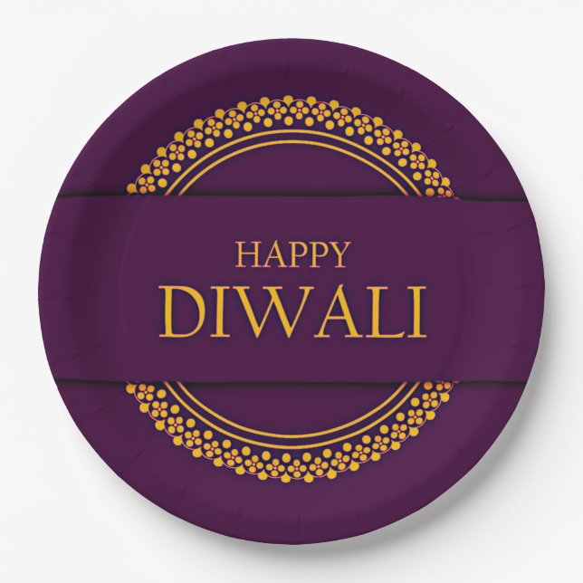 Plato De Papel Feliz Diwali Purple Gold Elegant 9" (Anverso)