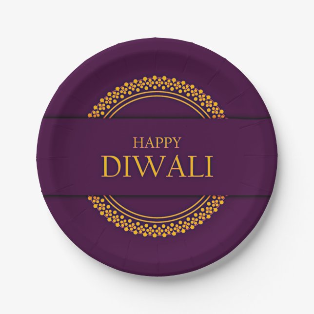 Plato De Papel Feliz Diwali Purple Gold Elegant de 7" (Anverso)