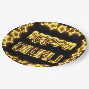 Plato De Papel Feliz Diwali Yellow Golden Lights Typography Stars