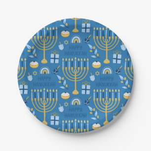 Plato De Papel Feliz Estrella Judía Hanukkah Menorah Blue