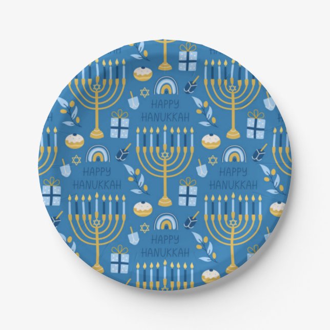 Plato De Papel Feliz Estrella Judía Hanukkah Menorah Blue (Anverso)