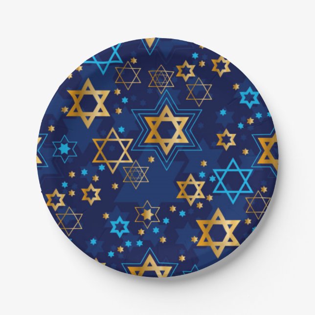 Plato De Papel Feliz Estrella Judía Hanukkah Menorah Blue (Anverso)