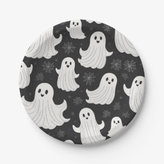 Plato De Papel Feliz Fantasma de Halloween en blanco y negro
