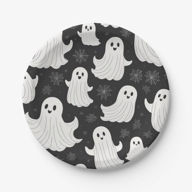 Plato De Papel Feliz Fantasma de Halloween en blanco y negro (Anverso)