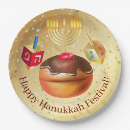 Plato De Papel Feliz feriado de Hanukkah Donuts y Menorah Gold