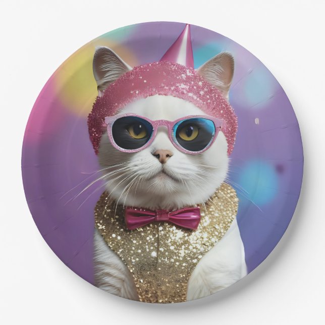 Plato De Papel Feliz fiesta de Año Nuevo - Gato disfrazado (Anverso)