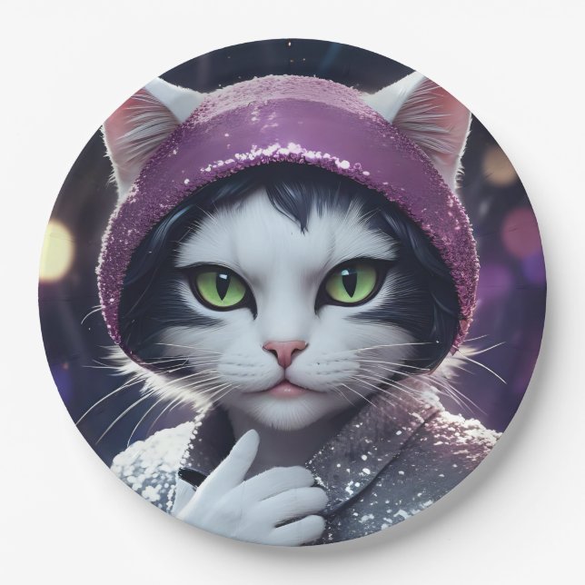 Plato De Papel Feliz fiesta de Año Nuevo - Gato disfrazado (Anverso)