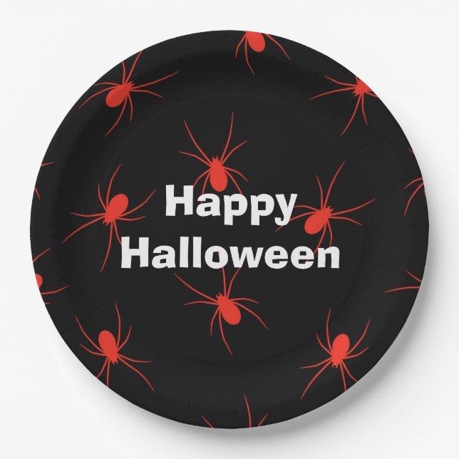Plato De Papel Feliz Fiesta de Halloween Araña Roja (Anverso)