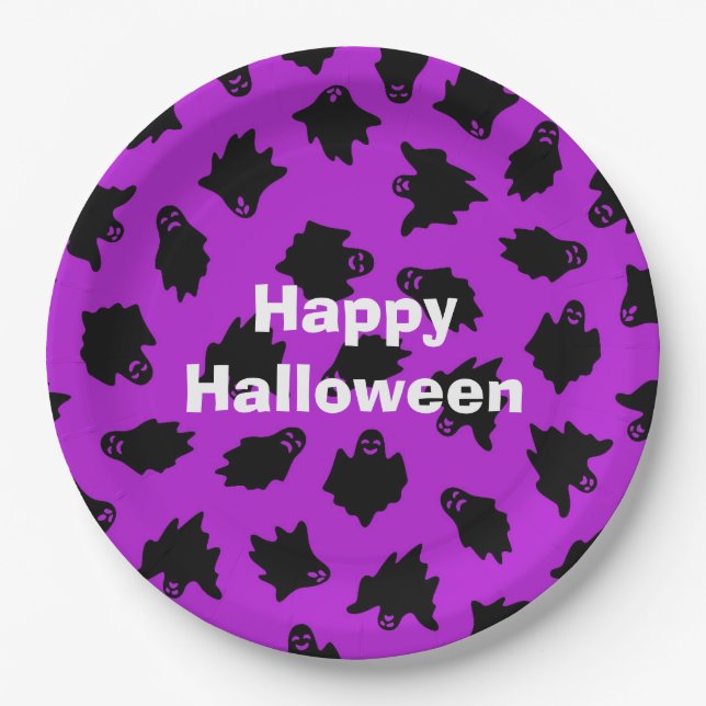 Plato De Papel Feliz Fiesta de Halloween Fantasma Púrpura (Anverso)