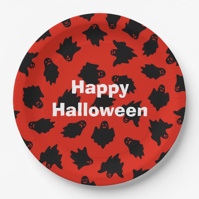 Plato De Papel Feliz Fiesta de Halloween Fantasma Roja (Anverso)