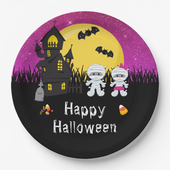 Plato De Papel Feliz Fiesta de Halloween Mummy Pink (Anverso)