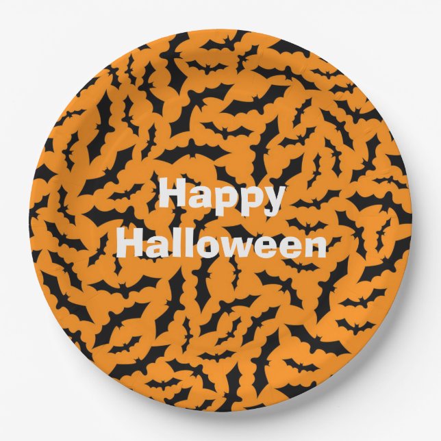 Plato De Papel Feliz Fiesta de Halloween Naranja Bat (Anverso)