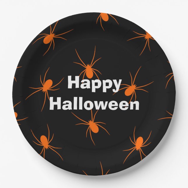 Plato De Papel Feliz Fiesta de Halloween Naranja Spider (Anverso)