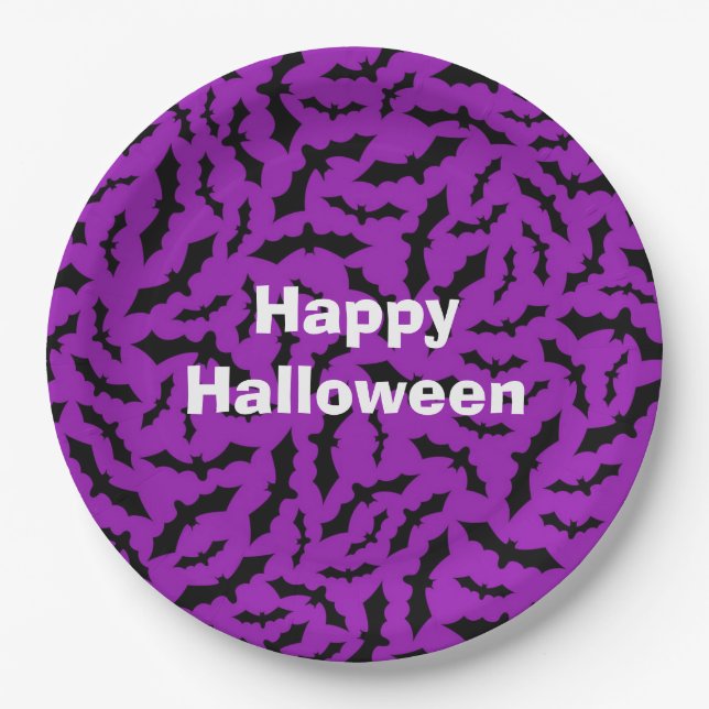 Plato De Papel Feliz Fiesta de Halloween Purple Bat (Anverso)