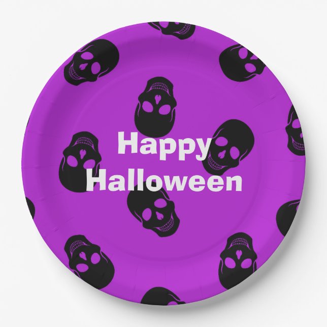 Plato De Papel Feliz Fiesta de Halloween Purple Skull (Anverso)