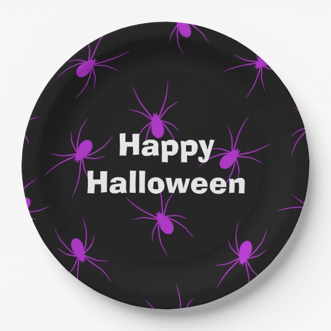Plato De Papel Feliz Fiesta de Halloween Púrpura Araña (Anverso)