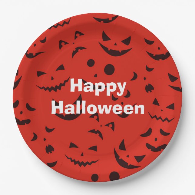 Plato De Papel Feliz Fiesta de Halloween Sonrisa roja (Anverso)