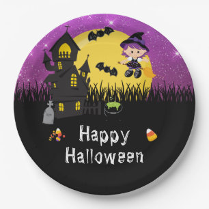 Plato De Papel Feliz Fiesta de Halloween Witch Purple